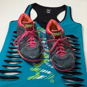 Zumba fitness sneakers size 8 and racerback cut up tank top size L bundle